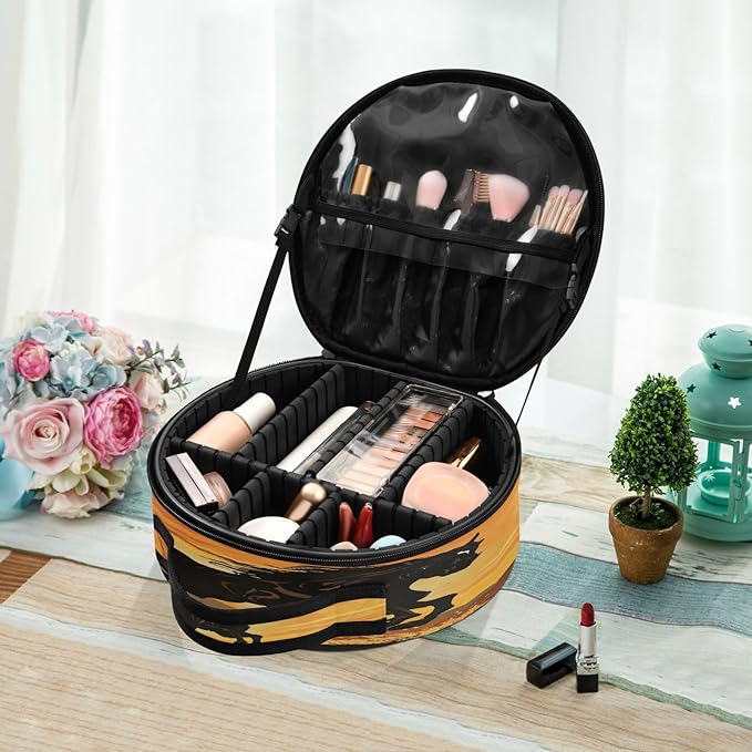 senya Round Cosmetic Pouch Travel Makeup Train Case Horse Makeup Organizer Bag with Adjustable Dividers Portable for Cosmetics Makeup Brushes Toiletry Jewelry Accessories