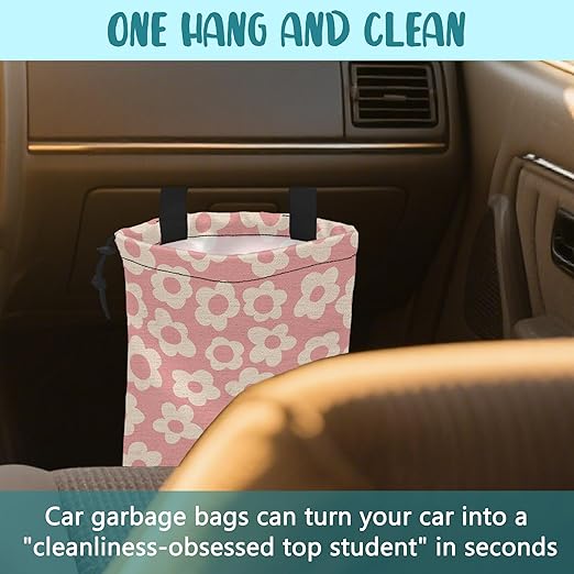 Car Garbage Bag Vintage Pink Groovy Flowers Drawstring Car Trash Bag Hanging for Back Seat with Adjustable Buckle Canvas Vehicle Trash Can Easy-to-Install