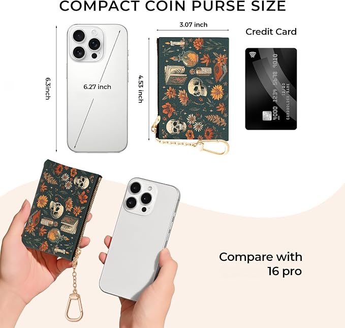 Halloween Goth Skull Keychain Coin Purse for Women, Vintage Gothic Skeleton Flower Book Small PU Leather Change Pouch, Zipper Little Tiny Travel Girls Wallet, Zip Pocket Key Ring Coin Holder