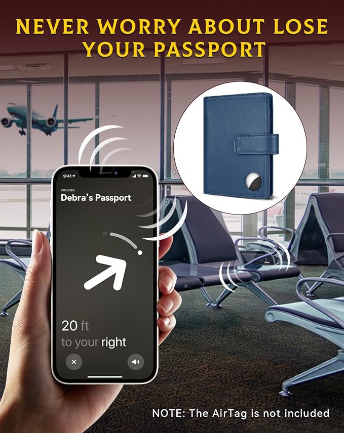 Passport Holder Wallet Cover Case for Women and Men,RFID Blocking,Passport Case with AirTag Slot,Travel Accessories (Navy Blue)