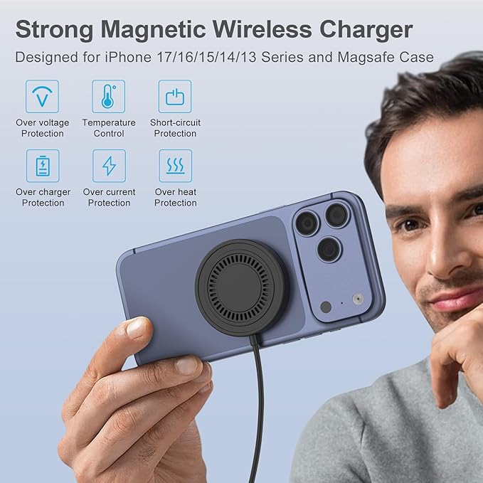 15W Wireless Charger Pad Magnetic Mat Fast Charging for Samsung Galaxy S26 Ultra S26 S25 S24,Magsafe Wire Less Charger Stand with 4FT USB-C/USB A Port for iPhone 17e/17 Pro Max/Air/17/16 Pro Max/16e