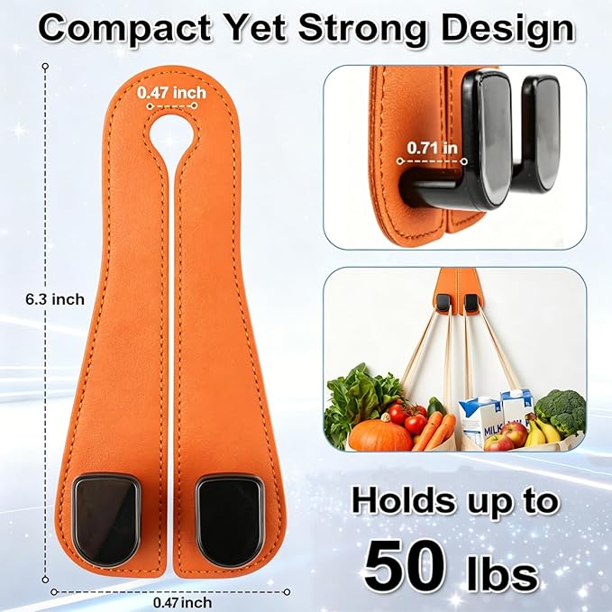 CHOSMOYI 2 Packs Car Seat Hooks, Leather Car Headrest Hook, Car Purse Hook Seat Back Hanger Storage Organizer, Car Hook for Purses and Bags(Coral Orange)