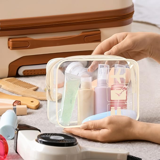 sogiv 3Pcs TSA Approved Toiletry Bag, Clear Travel Toiletry Bag, Clear Makeup Bag, Waterproof Travel Makeup Cosmetic Bag, Carry On Airport Airline Quart Size Travel Bag for Women Men (Beige)