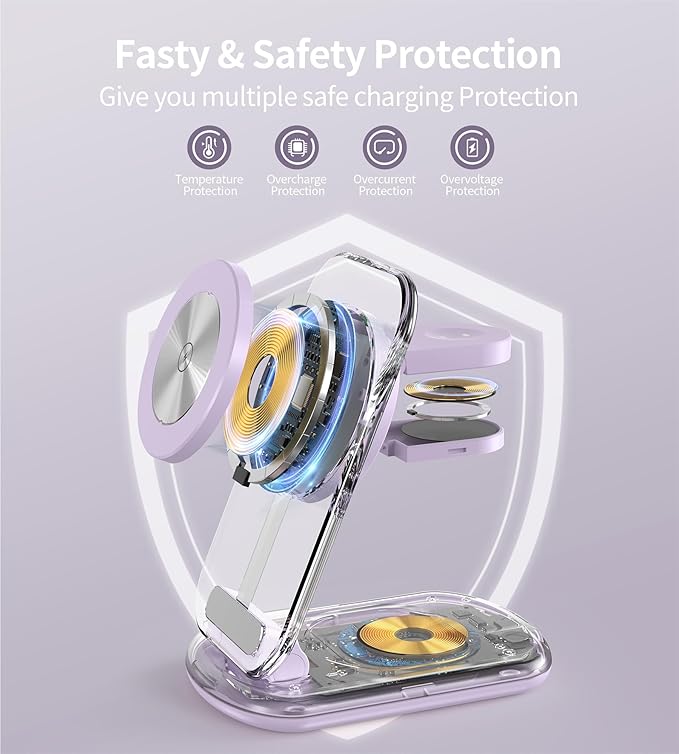3 in 1 Magnetic Wireless Charging Station for Apple Devices, Fast Foldable Travel Mag-Safe Charger Stand with Night Light for iPhone 17 16 15 14 13 12 Series, Apple Watch/AirPods Pro, PU