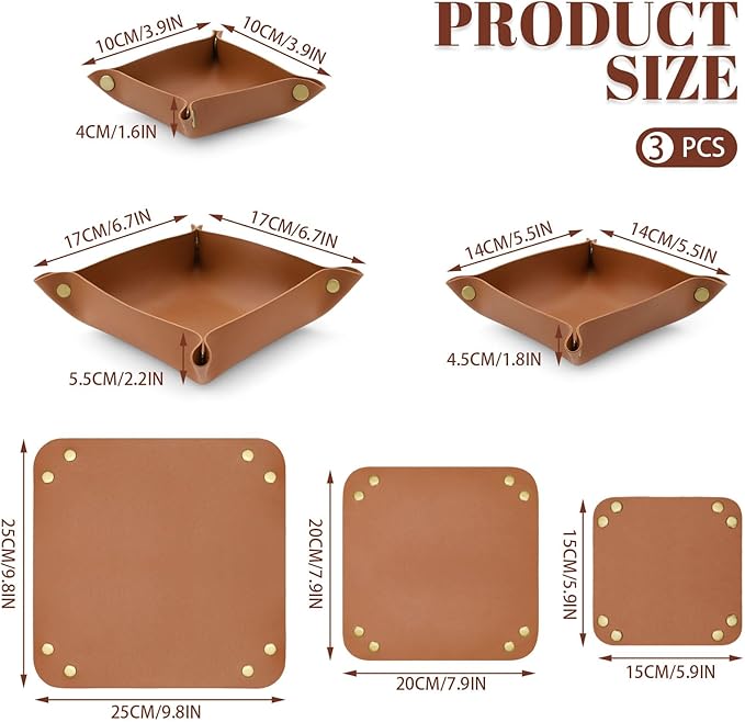 3 Pack Leather Valet Tray, 3 Sizes Catchall Tray Desk Organizer for Key Jewelry Trinket Watch Perfume Coin, for Entryway Table Nightstand Dresser Vanity Travel, Brown