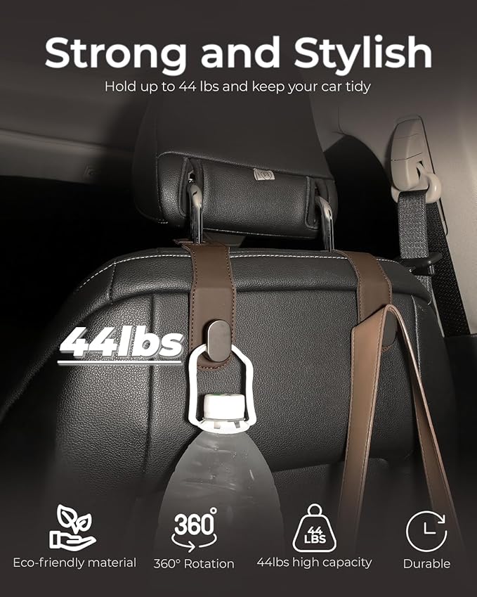 4 Pack Car Headrest Hooks, Car Seat Organizer with PU Leather & Stainless Steel Up to 44 lbs, Car Seat Back Hook for Purse/Bags