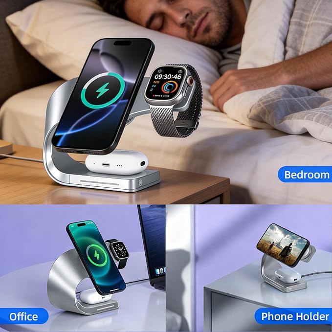 3 in 1 Wireless 15W Fast Charging Station for Apple Devices Dock for iPhone 15/14/13/12 Apple Watch Series 11/10/9/8/SE AirPods Pro 3/2 Bedside Charging Stand with Nightstand Organizer (Silvery)