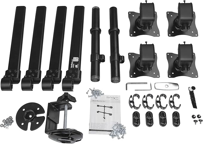 StarTech.com Desk Mount Quad Monitor Arm - Ergonomic VESA 4 Monitor Mount 2x2 up to 27" - Articulating & Height Adjustable Pole Mount - Tilt/Swivel/Rotate LCD/LED Screen - Clamp/Grommet (ARMQUAD)