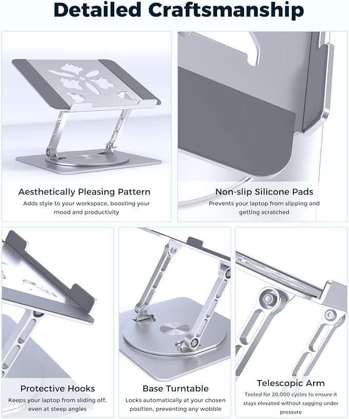 360° Rotating Laptop Stand for Desk | Adjustable, Foldable, Portable Aluminum Ergonomic Riser | Compatible with MacBook, Dell, HP & All Laptops 10-16 inch | Silver