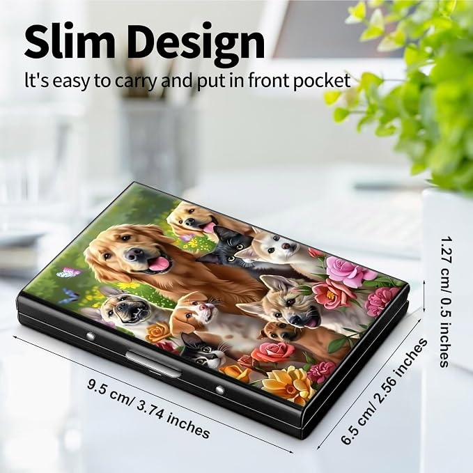Metal Wallet for Women Men Girls, RFID Blocking Slim Aluminum Credit Card Holder, Mini Travel Wallet with Hard Shell, Lightweight ID & Business Card Case,Dog