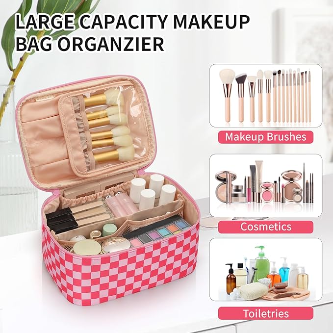 OCHEAL Makeup Bag Portable Cosmetic Bag For Women, Large Capacity Travel Makeup Case Organizer, Toiletry Bag for Girls Traveling With Handle and Divider-Pink