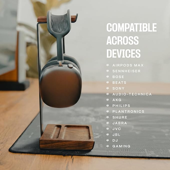 COREMINDED Universal Headphone Stand for Desk, Solid Wood Gaming Headset Stand, Heavy Duty Wooden Headphones Holder, Compatible with Airpods Max and More