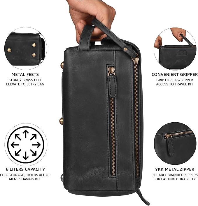 LEATHER VILLAGE Genuine Leather Travel Toiletry Bag - Water-Resistant Dopp Kit for Toiletries, Large Shaving Bag & Bathroom Organizer - Gift for Men & Women - Distressed Black