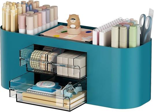 Marbrasse Pen Holder for Desk with 3 Drawers, Multi-Functional Pencil Holder, Desk Organizers and Accessories with 7 Compartments for Home, School, Classroom (Dark Green)