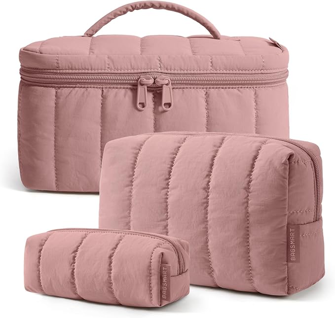 BAGSMART Travel Makeup Bag for Women, 3 Pcs Puffy Padded Cosmetic Organizer Bag, Large Toiletry Case and Small Purse Pouch for Gym, Work, Girls (Dark Pink)