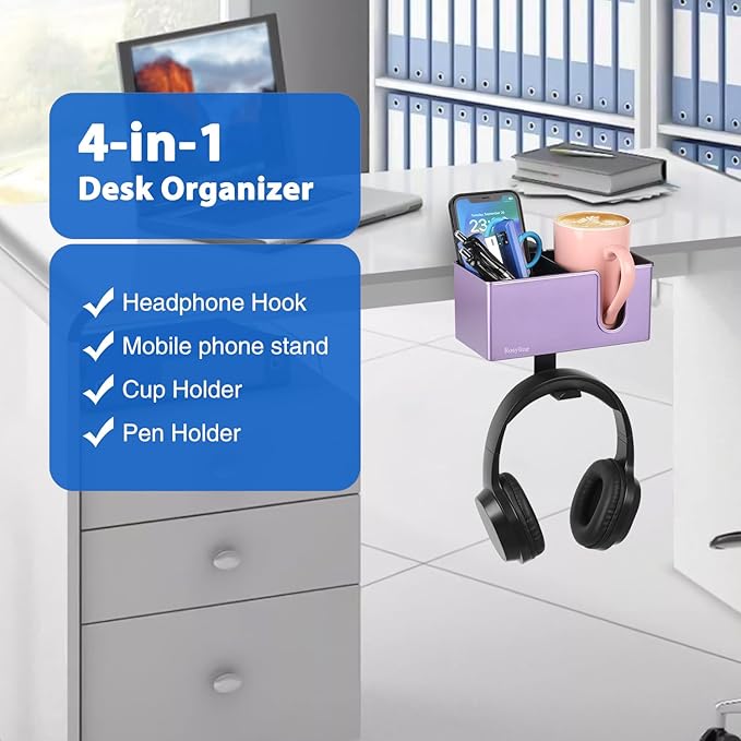 Rosyline 3-in-1 Desk Cup Holder & Clip-on Cup Holder, Clip on Desk Organizer – with Anti-Spill Function, Keeps Your Coffee, Headset, Phone & Pens Within Easy Reach, for Office Desk (Purple)