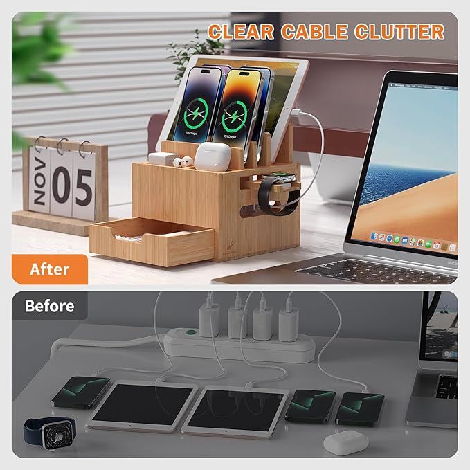 Pezin & Hulin Multi Device Charging Station, with Charger HUB Adapter, All in One Large Dock Organizer with Drawer Storage, Compatible with Phones, Tablets, Earbuds (5 Mixed Cables Included)