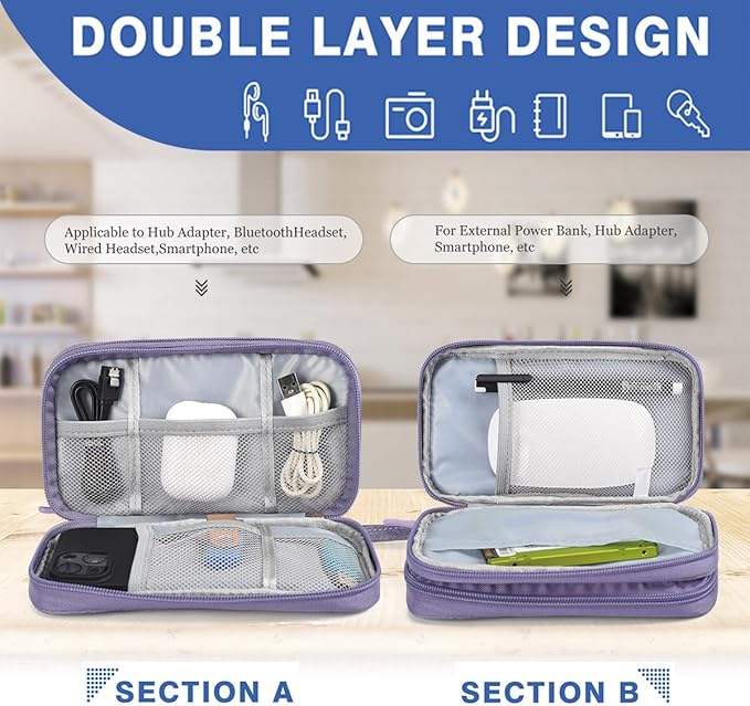 CAAORDKSO Cord Organizer Bag, Travel Cable Organizer Case Waterproof Accessories Pouch with Handle, Travel Electronic Carrying Bag for Cable, Cord, Charger, Phone, Power Bank, Earphone(Purple, Medium)