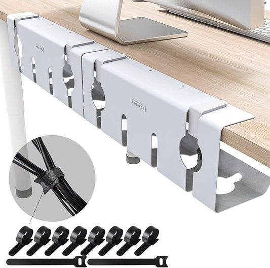 NODOCA No Drill Under Desk Cable Management Tray, 17'' Wire Management, Punch-Free Clamp on, Metal Cable Tray, Wire Organizer Under Desk, Under Desk Basket for Office and Home, White(2 Packs)