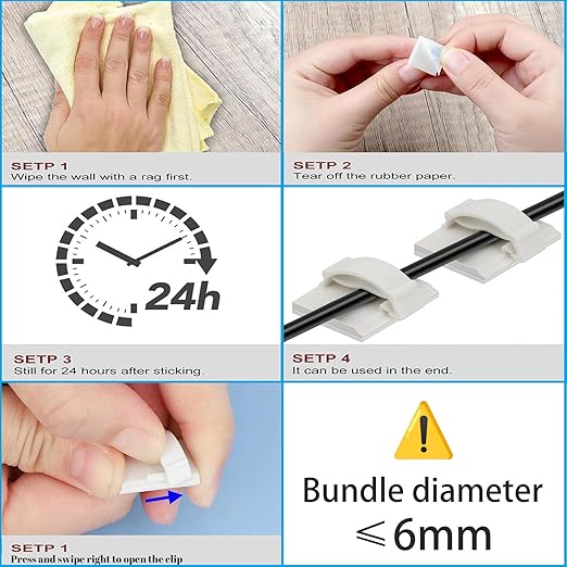 Adhesive Cable Holder Management Wire Clips 50 Pcs White，Suitable for Cables with a Diameter of ≤ 6mm in Cars, Houses, and Offices