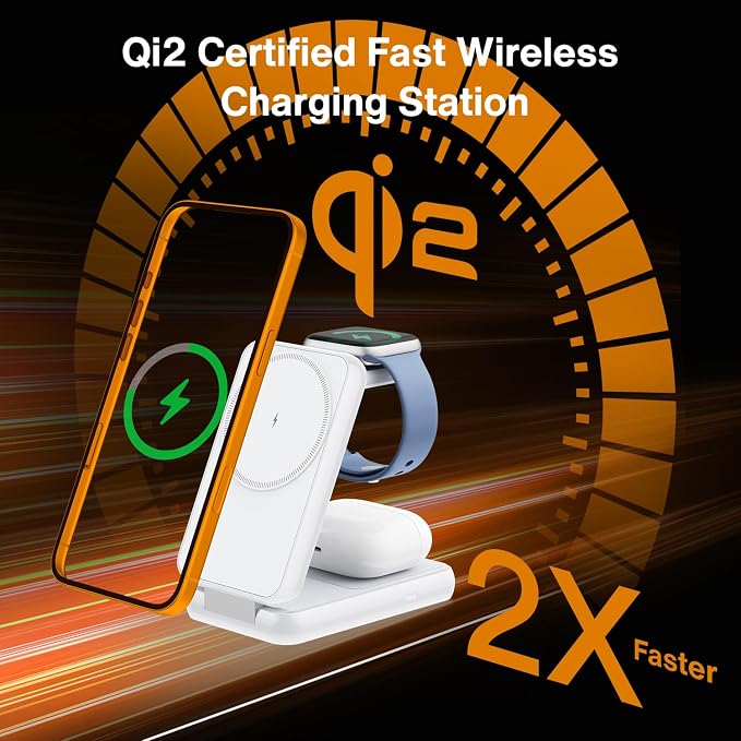 iVANKY Qi2 Certified Wireless Charging Station for iPhone 17, 3 in 1 Foldable Charger for MagSafe Magnetic Stand for iPhone 17/16/15/14/13/12/11/X Pro/Max/Plus/Air, Apple iWatch, Airpods
