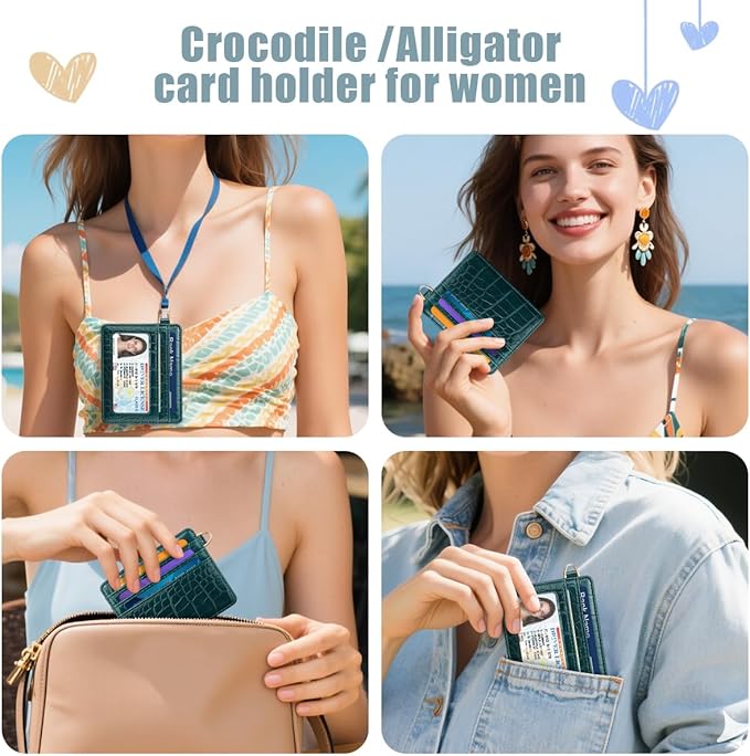 Slim Credit Card Holder Crocodile Wallet Women Thin Alligator Wallets RFID Blocking Minimalist Lightweight Small Cute Cards Holders with ID Window, Dark Green