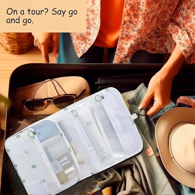 Foldable Hanging Travel Toiletry Bag,Waterproof Portable Travel Bags, Multifunction Travel Makeup Cosmetic Bag Organizer with Hanging Hook (Cactus)