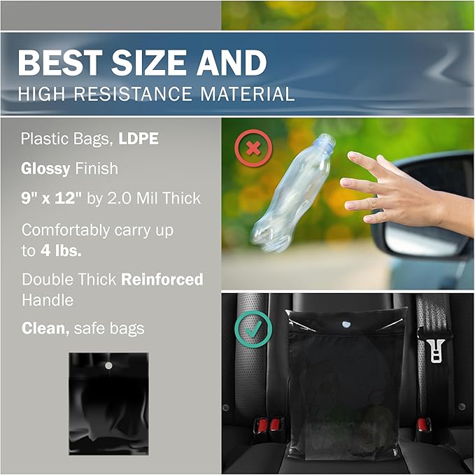 9x12 Black Disposable Car Trash Bags, Leak-proof, Small Size, 50 Pack, 2 Mil Thick, with Die-Cut Handles by PPB