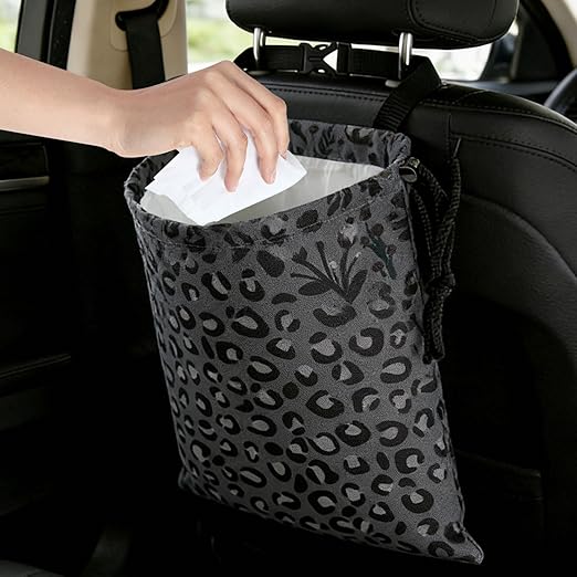 Grey Leopard Pattern Car Trash Bag - Waterproof Car Trash Bag Hanging Leakproof Car Garbage Bag - Washable Reusable Trash Bag For Car Interior Hanging Organizer Storage Vehicle Travelling Camping