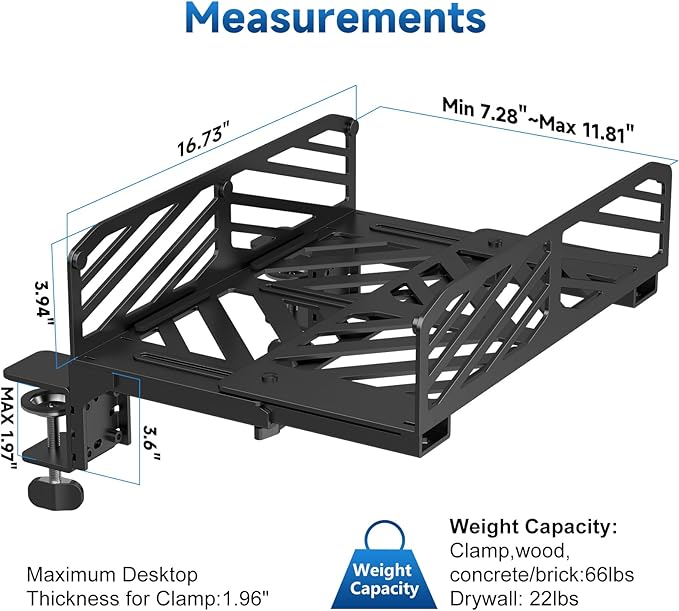 Suptek Clamp-on Desk Extender PC Desk Mount Holder,Standard and Large Gaming Computer Case Stand, Adjustable Width PC Mount, Black
