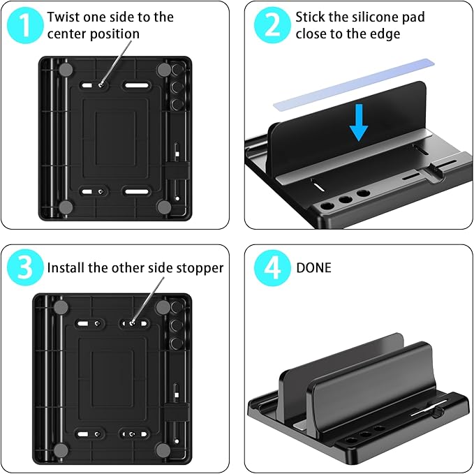 Vertical Laptop Stand Holder - Adjustable ABS Plastic Desktop Management Notebook Dock, Space-Saving 3 in 1 Compatible with All MacBook Pro Air, Mac, HP, Dell, Microsoft Surface (Black-1 Slot Version)