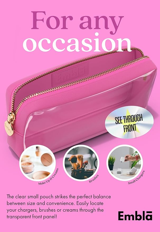 Embla Medium Clear Makeup Bag Travel for Toiletries Cute Make Up Nylon Organizer Pouches Quart Size Cosmetic Bags for Women Girls Zipper Toiletry Skincare Pouch Organizer for Purse Hot Pink