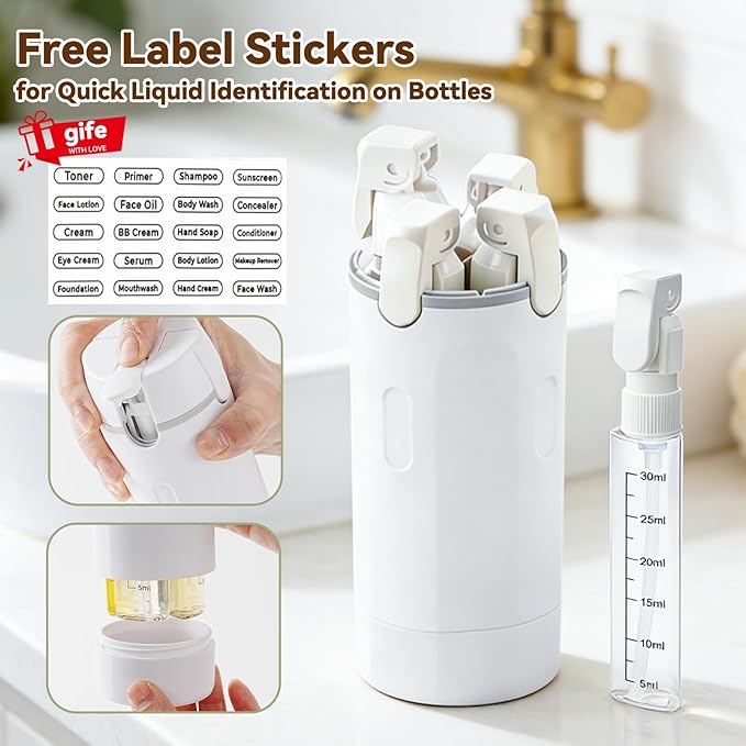 4 in 1 Travel Dispenser,Travel Shampoo and Conditioner Bottles,Refillable Leak Proof Containers Toiletries for Vacation and Business Travel120ML White