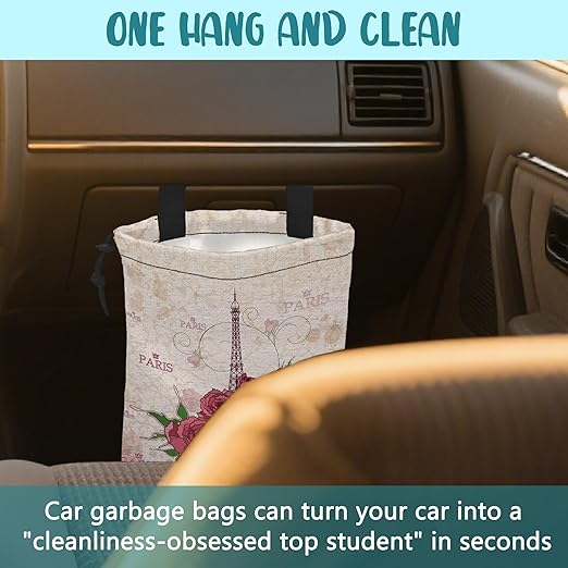 Car Trash Bag Pink Eiffel Tower and Roses Leak-Proof Waterproof Car Garbage Bag with Drawstring Foldable Canvas Trash Bin with Adjustable Buckle for Car Accessories, Travelling, Camping