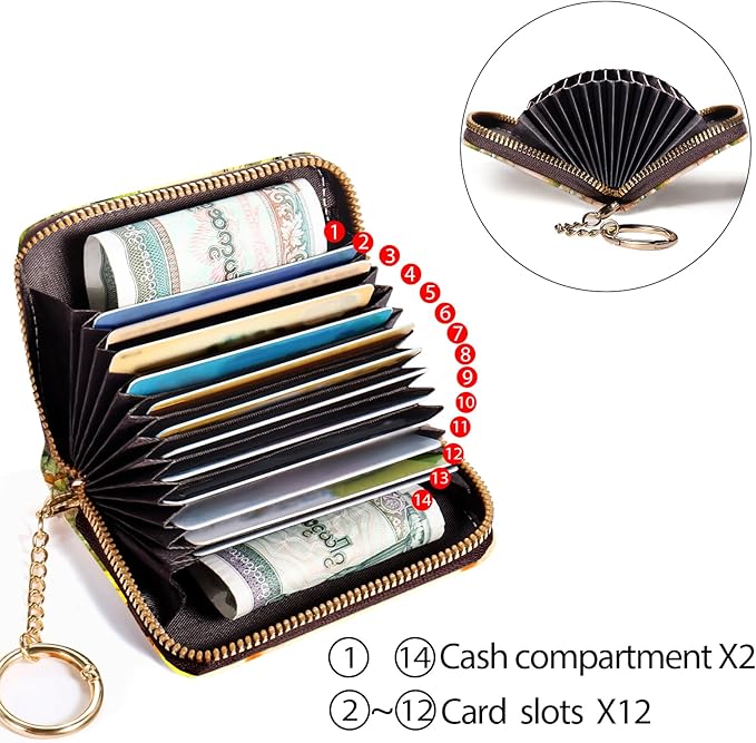 Credit Card Holder RFID Wallet, Small Card Holder Wallet for Women with Keychain Zipper, Funny Leather Print Credit Card Wallets Accordion Gift