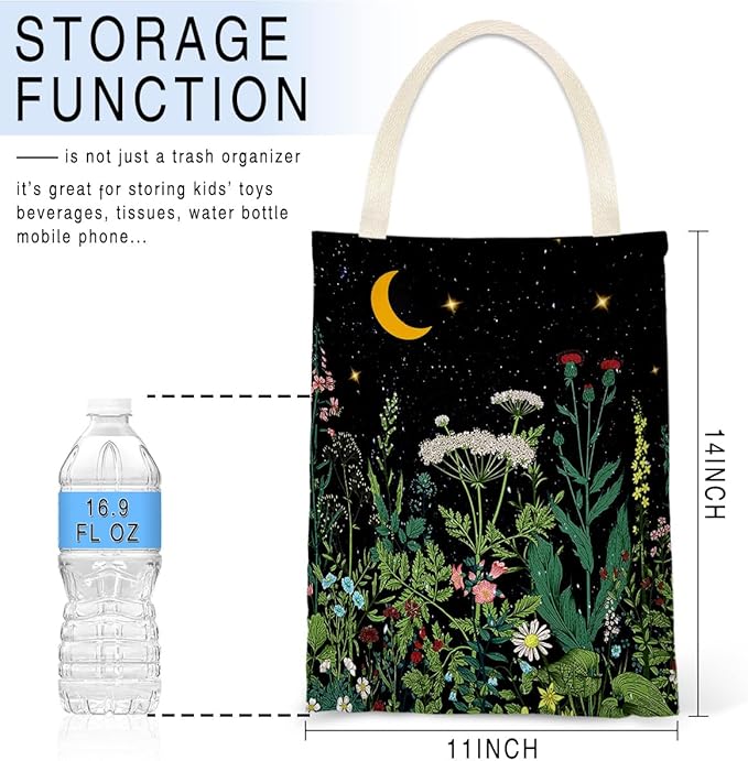 IRADA Car Trash Bag Hanging No Snap Small Garbage Bag for Car Back Seat Cute Printed One-Handed Strap Trash Bags Car Accessories-Wildflowers-Black Car Trash Bags