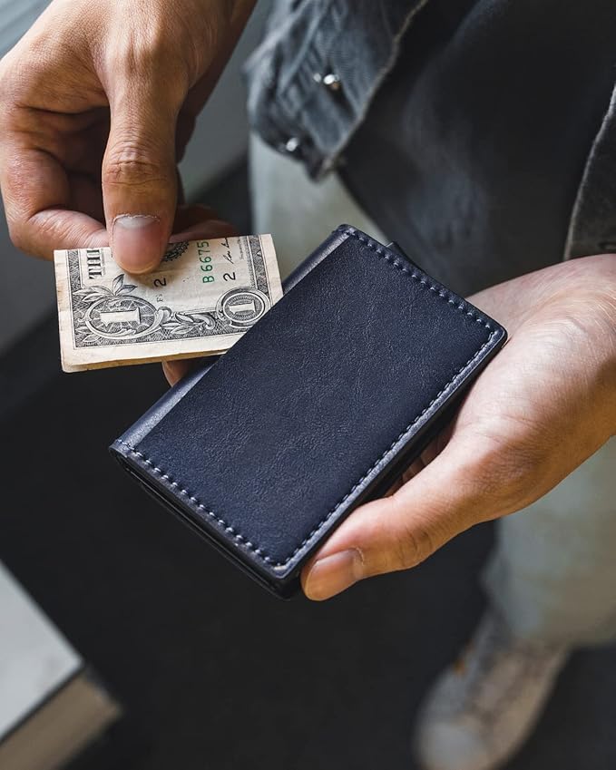 VULKIT Credit Card Holder RFID Blocking Leather Automatic Pop Up Wallet Aluminum Pocket Business Card Case