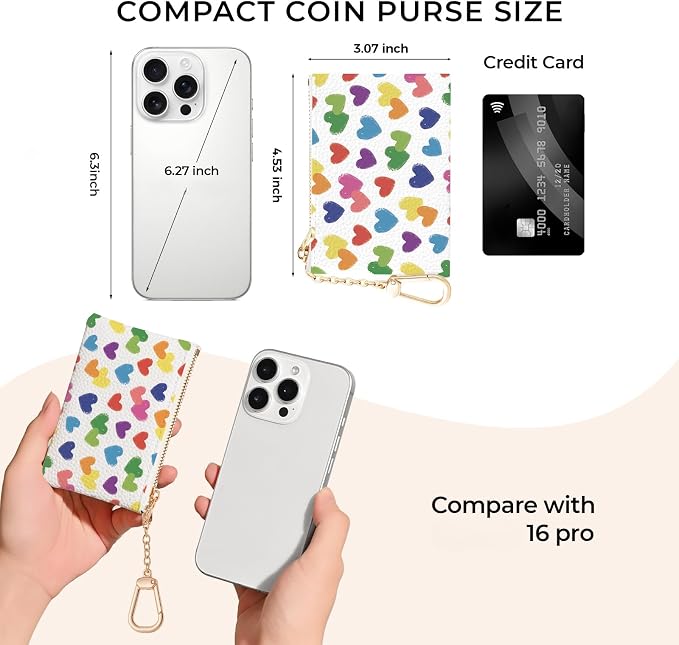 Love Hearts Keychain Coin Purse for Women, Small PU Leather Change Pouch, Zipper Little Tiny Travel Wallet for Girls, Cute Kawaii Zip Pocket Coin Holder with Key Ring