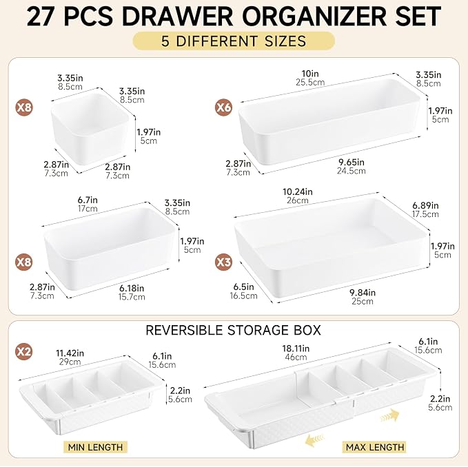 27 Pcs Deep Drawer Organizer Bulk, 2 Expandable Hanging Trays with Plastic Drawer Dividers Organizers, Desk Drawers Organizer Trays for Makeup Kitchen, Bathroom, Office, Bedroom, White