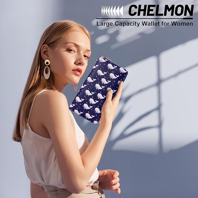 Chelmon Women's Vegan Leather Clutch Wallet with Zip, Hand Strap, Large Capacity