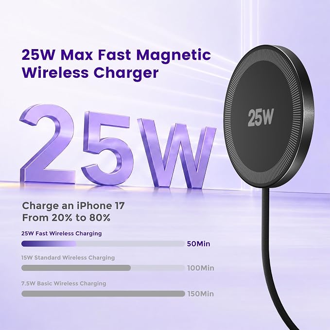 25W Magnetic Wireless Charger: Fast Charging Pad for iPhone 17 16 15 14 13 12 Pro Max, Samsung Galaxy S26 S25, Google Pixel 10, AirPods-Slim Portable for Travel Bedside Office-Black 2 Pack