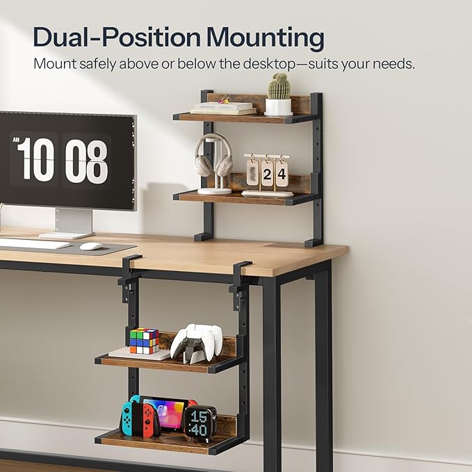HOOBRO Clamp On Desk Shelf, 2-Tier Desktop Organizer, Space-Saving Desk Shelf with Adjustable Shelves, for Office, Study, Entertainment Accessories, Rustic Brown and Black BF32SJ01