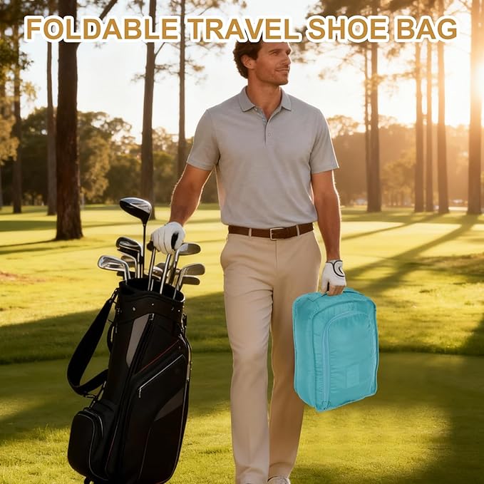 Foldable Travel Shoe Bag, Waterproof Shoe Pouches Organizer with Handle Travel Packing Cubes -Fitting for Storing (Sneakers/Sandals/Fitness Shoes) 2 Pcs & Light Blue