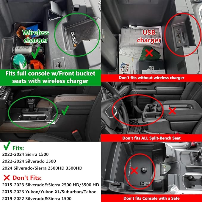 Center Console Organizer fit for GMC 2023 2024 2025 Sierra/Chevy Silverado 1500 Accessories, 2024-2025 2500HD 3500HD (Wireless Charger With Full Console w/Bucket Seats Only)