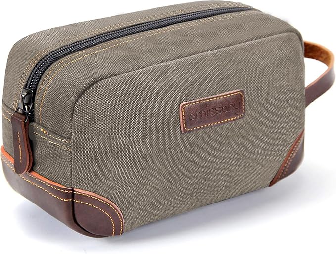 emissary Men's Canvas Travel Toiletry Bag, Leather Dopp Kit - Light Gray | Durable canvas & PU leather, water-resistant lining, side handle; roomy men's Dopp kit for travel & gym
