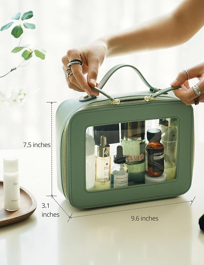 Popvibe Clear Makeup Bag Travel Cosmetic Case Transparent Toiletry Bag with Zipper, Portable Make Up Organizer Traveling Compact Car Bag for Essentials, Sage Green, Large
