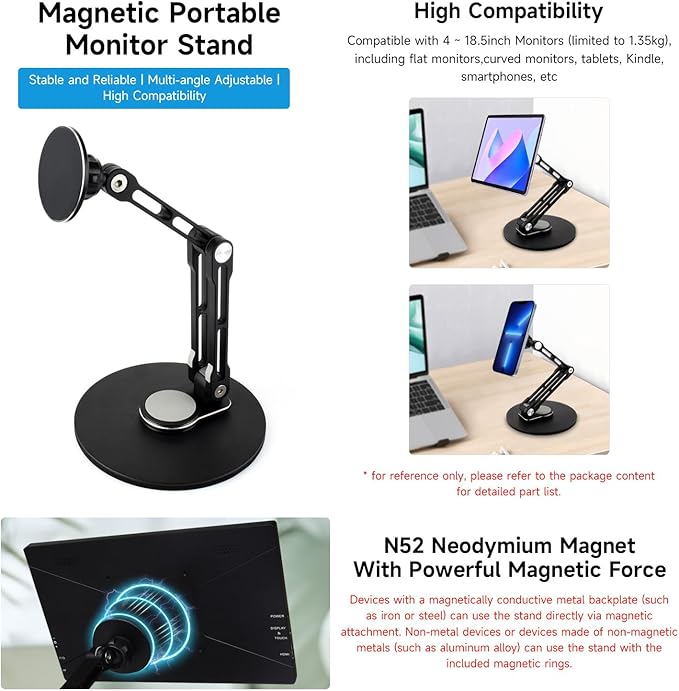 KLAYERS Mini Monitor Stand B,N52 Neodymium Magnet with Metal Rings,Stable Weighted Base,Ergonomic & Foldable Design