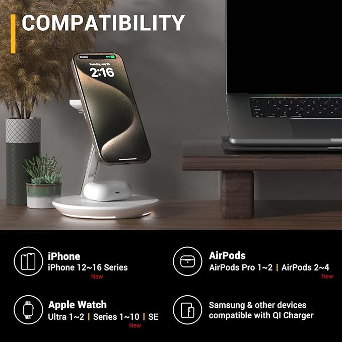MAGEASY 4 in 1 Charging Station - Total 55W Output, Bedside Charging Station, Fast Charging Stand for iPhone, Apple Watch, AirPods, iPad, with Ambient Light | Power Station with 67W Charger (Black)