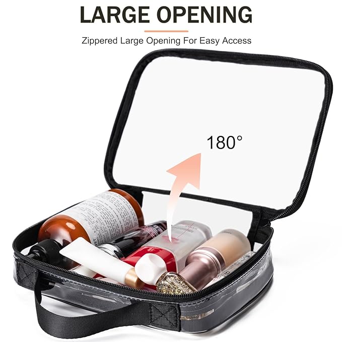 MODENGKONGJIAN TSA Approved Clear Toiletry Bag, 2 Pack Clear Quart Size Travel Makeup Cosmetic Bags with Handle Large Opening, Carry on Airport Airline Compliant Bag for Women Men (Black)