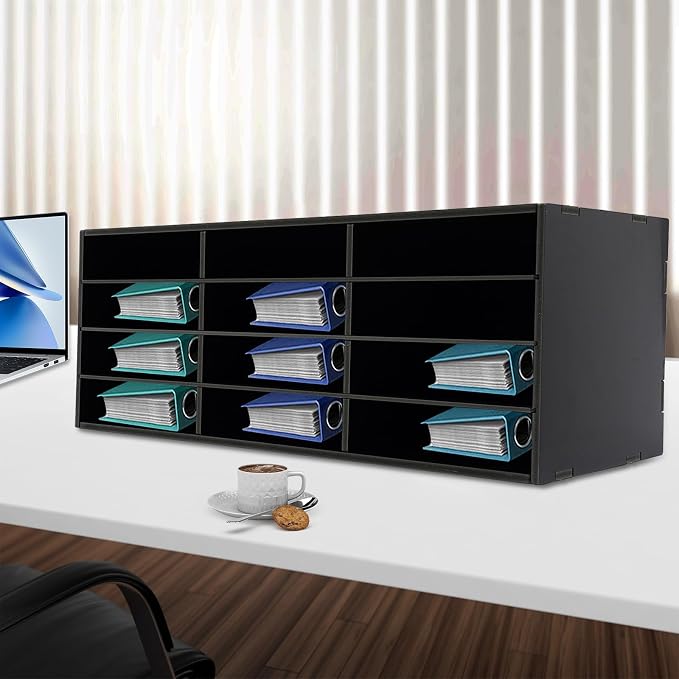 12-Slot Desktop Organizer, Minimalist Design Mailbox, File Sorter w/Top Platform for Hold Cables/Files/Keys, Desktop Bill Paper Organizer for Office & Home (Black, 12 Slot, Style 2)